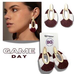 Crimson Red & White Alabama Gameday Gold Dipped Fringed Boho Earrings